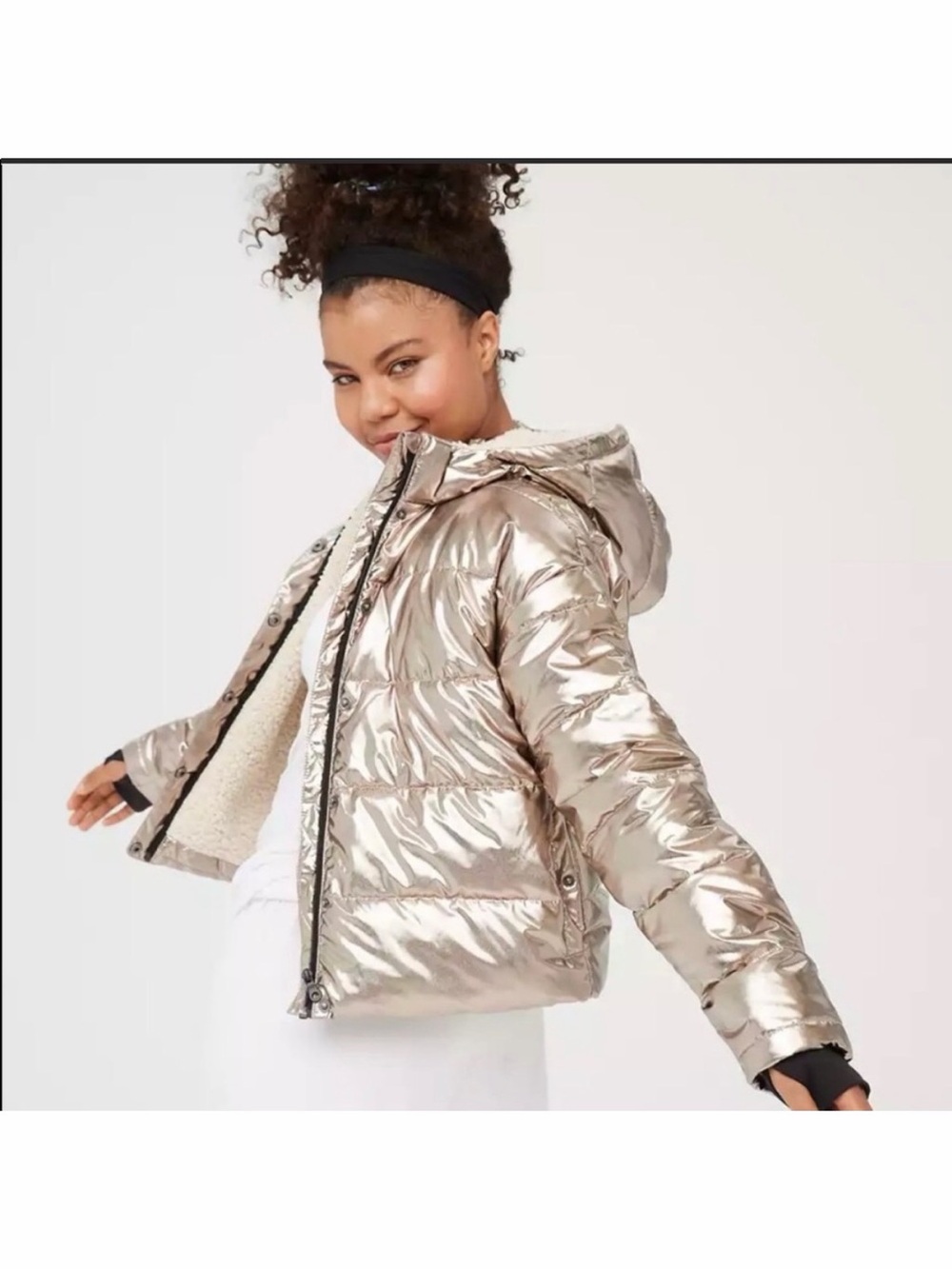 OFFLINE by Aerie Metallic Rose Gold Puffer Jacket Sherpa Lined Hooded M